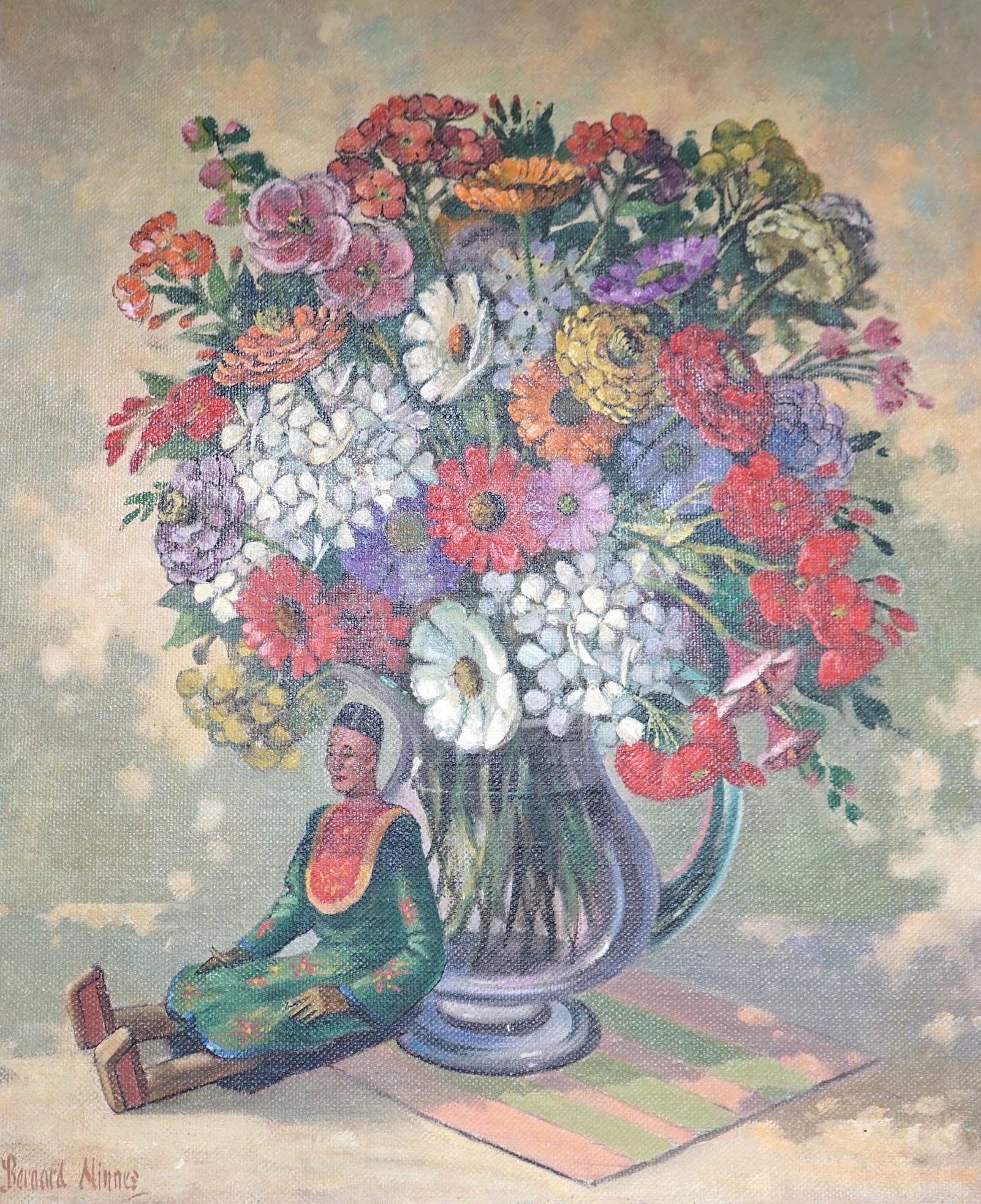 Bernard Ninnes (1899-1971), oil on canvas, Still life with Indonesian doll beside a vase of flowers, signed, 60 x 51cm, unframed